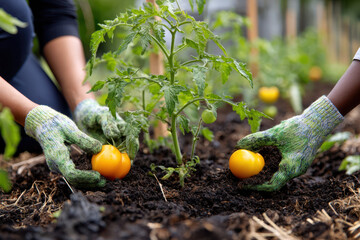 Gardening activity at a community garden with volunteers planting yellow tomatoes