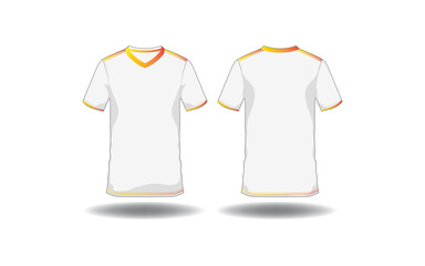 Fototapeta premium Blank Sports T-shirt Mockup Vector Template. Front and Back View of White V-Neck Jersey with Orange-Yellow Trim. Apparel Design for Soccer/Football Team Kit or Customizable Athletic Clothing