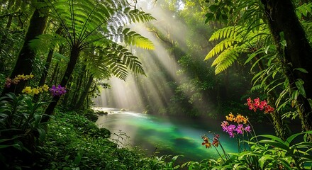 Fototapeta premium Magical Rainforest With Exotic Flowers and Sunbeams