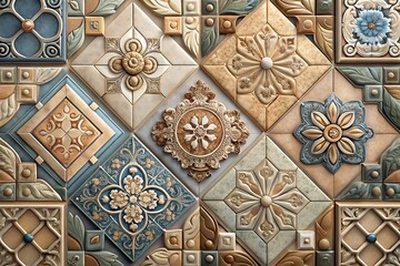 Intricate decorative ceramic tiles with floral and geometric patterns