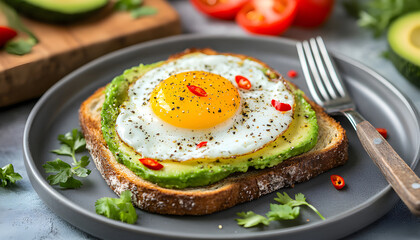 White bread toast with slices of avocado, topped with a fried egg and seasoning. This healthy dish is served on a rustic plate with a fork, ready for breakfast