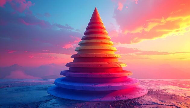 Stunning sunset over abstract geometric cone sculpture high resolution photo - Powered by Adobe