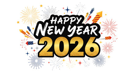 Obraz premium Celebrate the arrival of the new year 2026 with a vibrant explosion of fireworks and a golden inscription, marking a joyous transition into the future