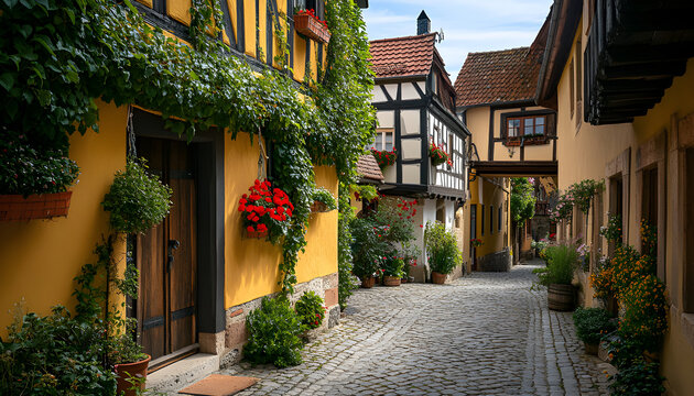 Cobblestone street in charming German town with half timbered houses. Traditional architecture. Facades decorated with flowers and plants
