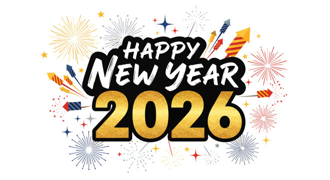 Celebrate the arrival of the new year 2026 with a vibrant explosion of fireworks and a golden inscription, marking a joyous transition into the future
