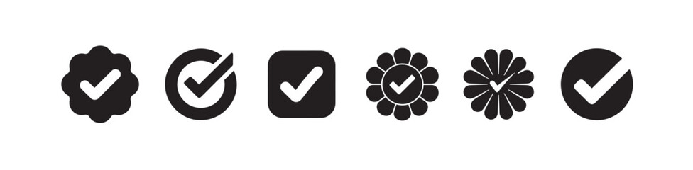 Collection of black verification badges with check marks in various shapes isolated on white background