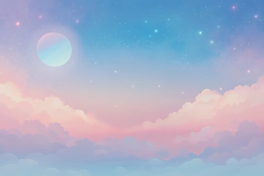 Dreamy pastel sky with clouds and moon