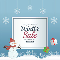 Winter sale vector banner with blue background, snowman and white paper snowflakes, featuring Winter Season Sale up to 50 percent off, ideal for festive promotions and ads.