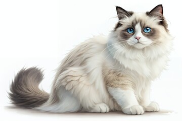 Fluffy ragdoll cat with striking blue eyes sits gracefully