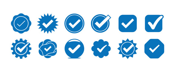 Collection of blue check mark icons with various decorative frames symbolizing confirmation