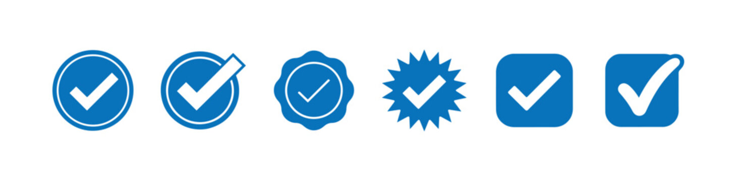 Set of blue check mark icons in different shapes for verification and approval symbols