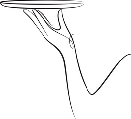 Minimalist Single Line Drawing of Hand Holding Platter – Vector Illustration
