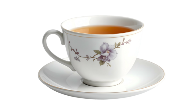 White tea cup with floral design and saucer on black background