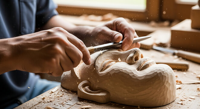 Craftsman carving a wooden mask with chisel