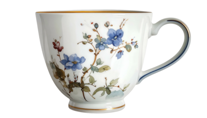 Ceramic cup with floral design, blue flowers, gold trim, white