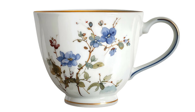 Ceramic cup with floral design, blue flowers, gold trim, white