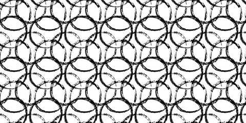 Seamless pattern with crossed rough black round shapes, dry paint rings, sketchy outlines, circles with wax crayon texture. Hand drawn vector illustration isolated on transparent background