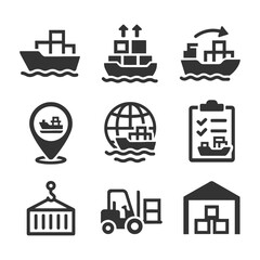 Shipping and logistics icons: cargo ships, containers, forklift, warehouse.