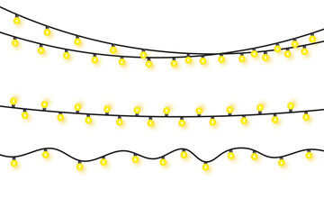 Three strands of glowing yellow string lights with black wires against a white background