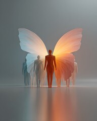 Abstract figure with glowing butterfly wings standing in front of a crowd, symbolizing personal transformation and inspiration, Glowing abstract butterfly wings forming behind leader silhouette