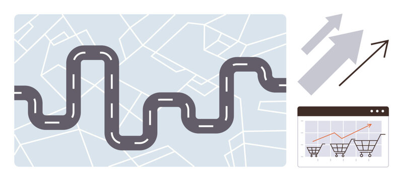 Curvy road on map background paired with growth arrows and chart showing rising shopping trends. Ideal for business strategy, journey, growth, e-commerce, planning, navigation, strategic vision