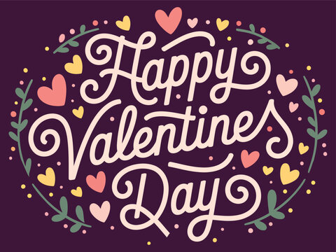 Elegant Happy Valentines Day Typography Design with Hearts and Floral Accents on a Dark Purple Background for Celebrations and Greetings