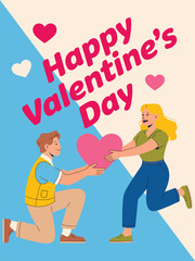 Happy Valentines Day Illustration of a Couple Sharing a Heart in a Sweet and Loving Gesture for the Celebration of Love and Affection