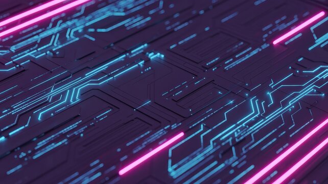 Abstract Futuristic Circuit Board with Neon Blue and Pink Lights.