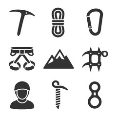 Icons of essential climbing gear: ice axe, rope, carabiner, harness, mountains, crampons, helmet, ice screw, belay device.