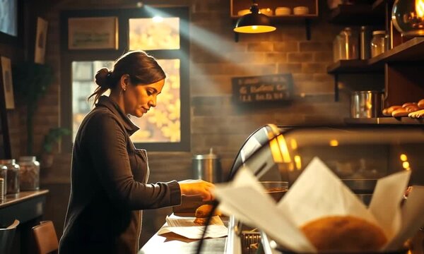 Woman preparing fresh bread in charming bakery storefront