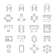 Top-down view line drawings of furniture icons interior design