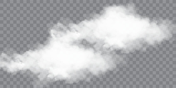 Realistic white fluffy clouds with fog or light smoke effect on a transparent background. Misty atmosphere element for overlaying on images, dramatic scenes or weather visual effects. Vector.