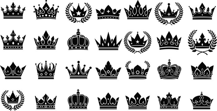 Royal crown icons collection, luxury king and queen tiara silhouette vector set, elegant monarchy symbols for premium design, heraldic noble emblem illustration
