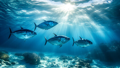 Fototapeta premium Four fish swim in clear blue ocean water with sun rays shining from above. The aquatic animals are near a rocky seafloor teeming with green marine growth