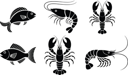 Seafood vector icons set: fish, shrimp, and lobster silhouettes