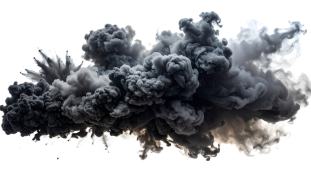 Massive Dark Gray and Black Smoke Cloud Explosion Effect, Isolated on Transparent Background - Cut Out