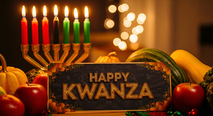 Rich red background featuring Happy Kwanzaa text in bold African-inspired font.