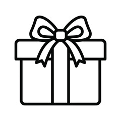 Simple black and white line icon of a gift box with a bow isolated on