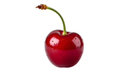Single, juicy cherry with stem, against a stark black background