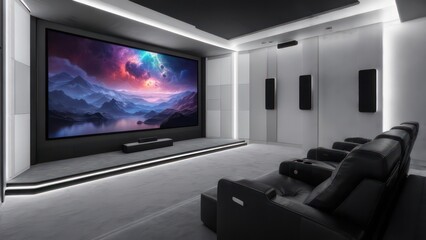 Fototapeta premium Luxurious Home Theater: Modern Design with Large Screen and Comfortable Seating.