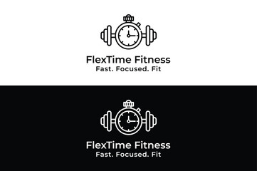 Modern flextime fitness logo design with barbell and clock for dynamic workout programs and efficient gym promotions