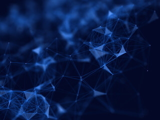 Abstract glowing blue network of interconnected geometric shapes and lines on a dark background representing digital data and technology