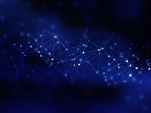 Abstract digital network of glowing interconnected nodes and lines against a dark blue background representing technology and data flow