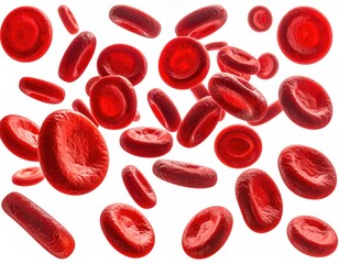 Clustered, red, biconcave blood cells float on white