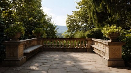 Obraz premium Serene stone terrace with ornate carvings overlooking a lush green landscape and distant hills