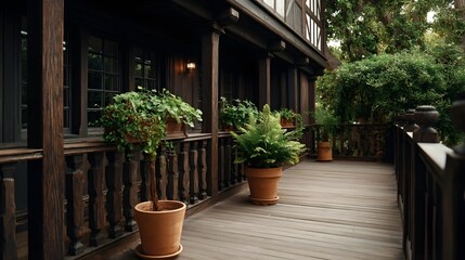 Fototapeta premium A rustic wooden veranda with potted green plants and ornate railings adjacent to a dark timber house exterior
