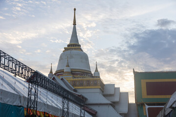 A large white pagoda with evening light