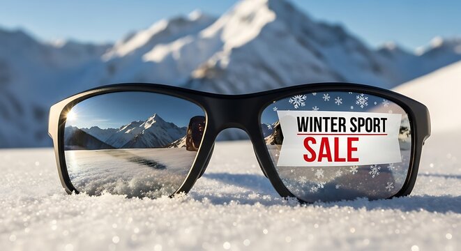 Black sunglasses resting on snow with mountain reflection and winter sport sale sign in lens