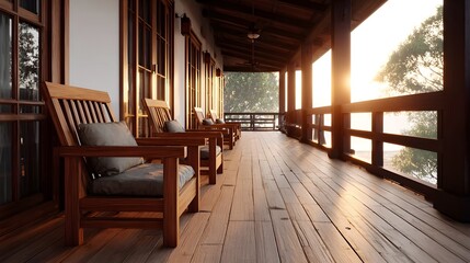 Naklejka premium A tranquil wooden veranda with chairs and floor bathed in the warm glow of sunrise overlooking a natural landscape