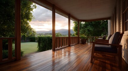 Obraz premium Polished wooden veranda with chairs overlooks a serene mountain landscape at golden hour sunrise